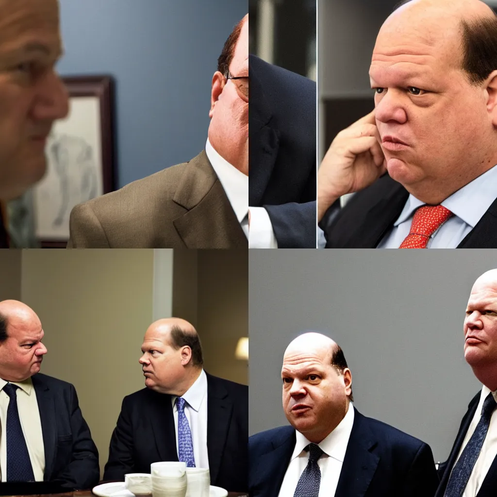 Prompt: Danny de vito looking down at chancellor Olaf Scholz with a disdainful expression on his face, photograph