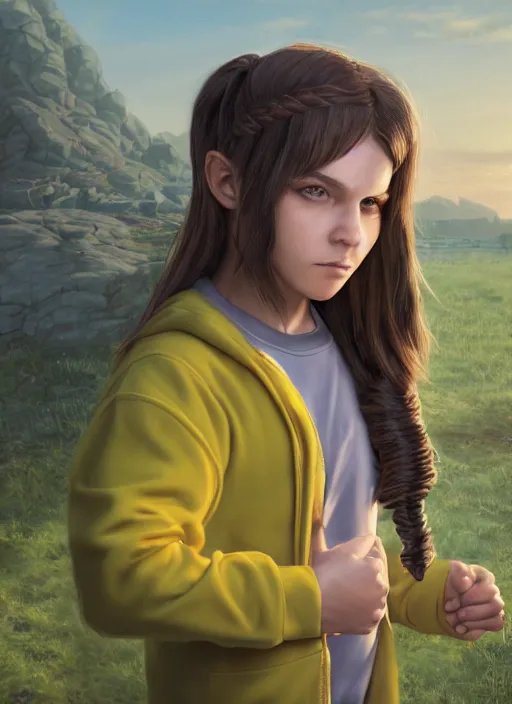 Image similar to An epic fantasy comic book style portrait painting of a young green-eyed feminine boy, fair skin, long brown hair worn in two pigtails, with his left pigtail being shorter than his right, he wears a yellow hoodie with a grey undershirt, unreal 5, DAZ, hyperrealistic, octane render, cosplay, RPG portrait, dynamic lighting