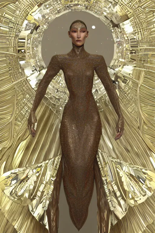 Prompt: a highly detailed 8 k render of a beautiful angel alien goddess bella hadid in iris van herpen dress schiaparelli in diamonds in style of alphonse mucha trending on artstation made in unreal engine 4