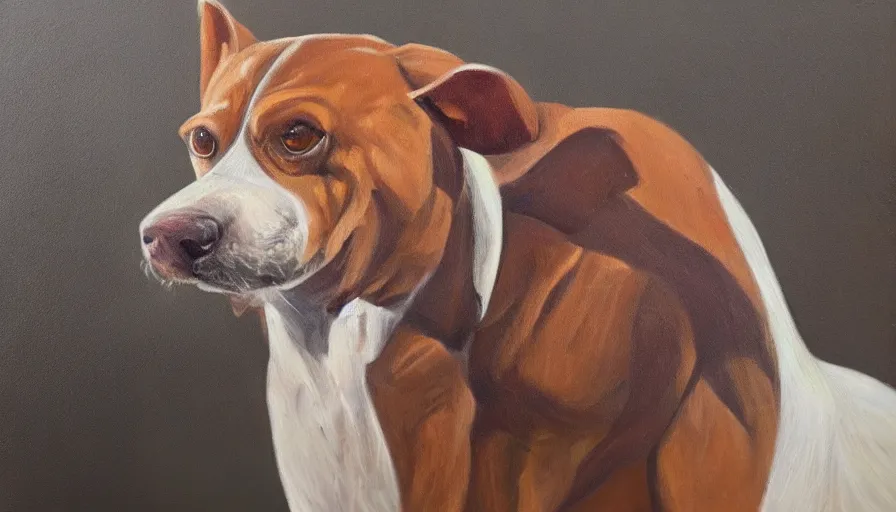 Image similar to a muscular humanoid dog in a suit, oil painting