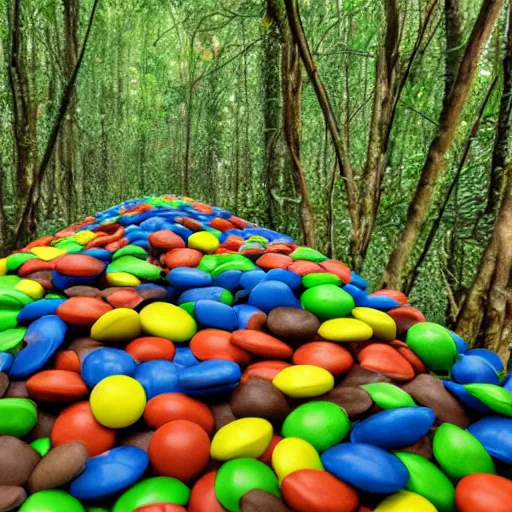 Prompt: peanut m&m boulders in a jungle landscape