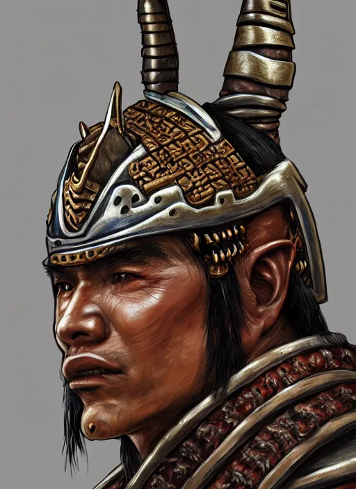 Image similar to tai warlord, closeup portrait, historical, ethnic group, traditional costume, bronze royal thai headset, leather shoulder armor, fantasy, intricate, with tai bronze artifacts, leather armor cross onbare chest, elegant, loin cloth, highly detailed, oill painting, artstation, concept art, matte, sharp focus, illustration, hearthstone, art by earl norem