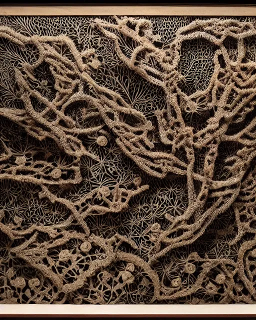 Image similar to a coral reef, made of intricate decorative lace leaf skeleton, in the style of the dutch masters and gregory crewdson, dark and moody