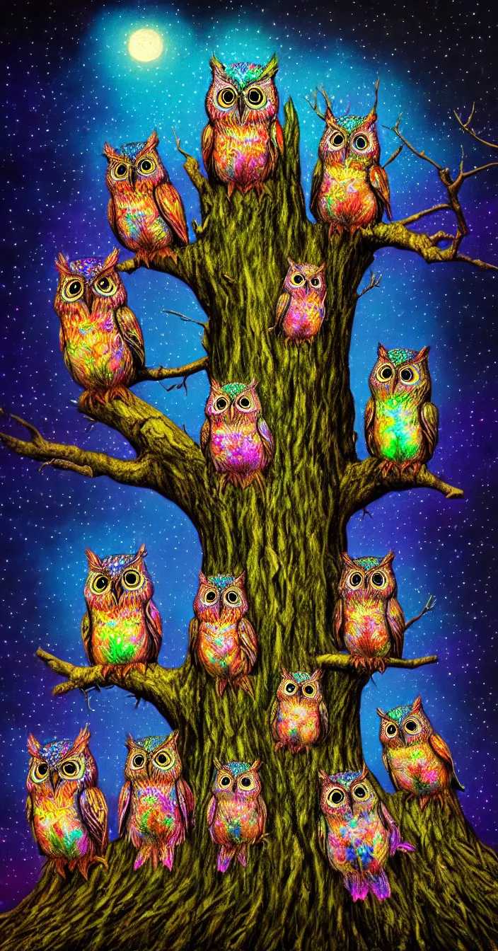 Image similar to realistic photo of too many small psychedelic owls sitting on big tree at night, very sharp focus, dark background, in the style of greg rutsowski, very hyper realistic, highly detailed, fantasy art station