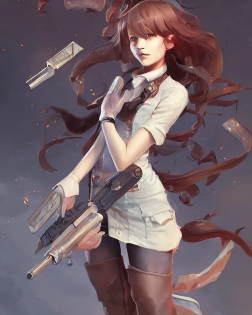 Image similar to a ( girl as personification of hand gun ), fantasy bakery, digital art by krenz cushart, laurie greasly, wlop, artgerm, intricate, ( highly detailed figure ), sharp focus, smooth, epic composition, joyful, unreal engine