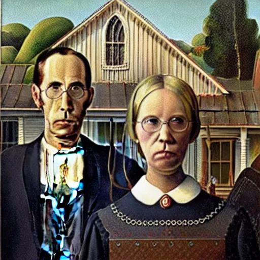 Prompt: american gothic painting with nicolas cage