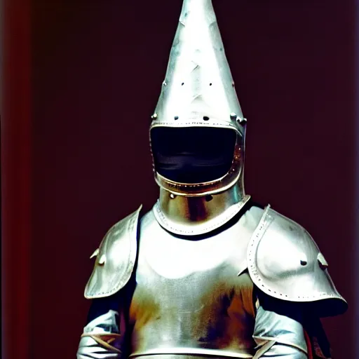 Image similar to a warrior in silver armour, wearing a tall, conical, masked helmet clutching a sword