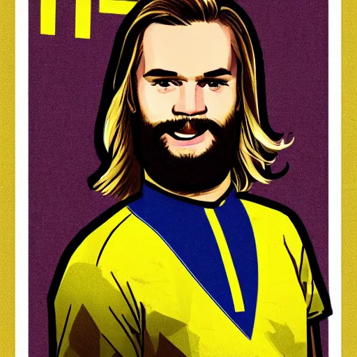 Image similar to Swedish propaganda poster of PewDiePie with the flag of Sweden in the background