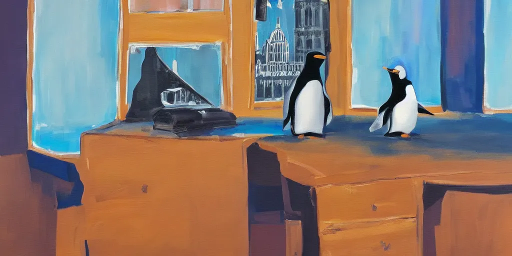 Image similar to semi - abstract painting of a desk made of oak, next to an extremely intellectually looking penguin, window with the big ben in the background, visual art, award winning, volumetric lighting