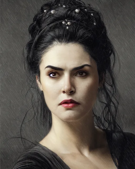 Image similar to portrait of a tall 4 0 - year - old woman with thin lips, long, lush black hair gathered on the head bun, and thick eyebrows, haughty facial expression, wearing in black clothes, aristocratic appearance, hyper realistic face, beautiful eyes, close up, fantasy art, in the style of greg rutkowski, intricate, alphonse mucha, hyper detailed, smooth