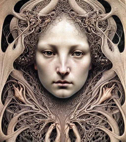 Image similar to detailed realistic beautiful gloaming goddess face portrait by jean delville, gustave dore, iris van herpen and marco mazzoni, art forms of nature by ernst haeckel, art nouveau, symbolist, visionary, gothic, neo - gothic, pre - raphaelite, fractal lace, intricate alien botanicals, ai biodiversity, surreality, hyperdetailed ultrasharp octane render