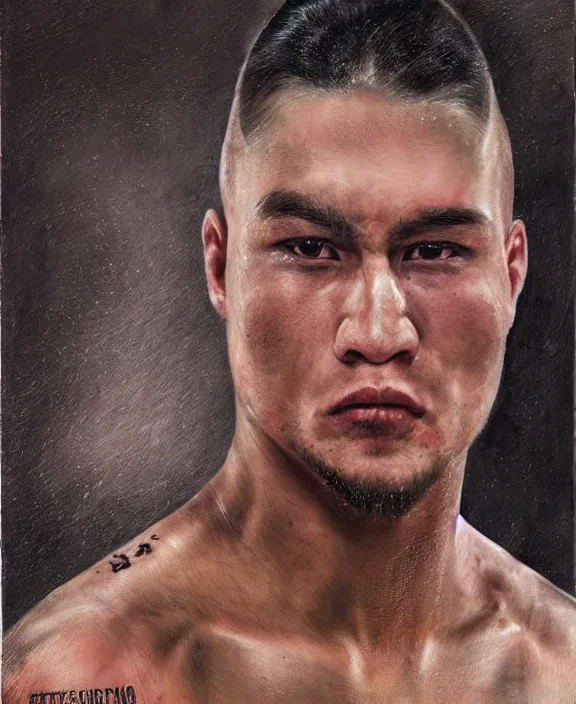 Image similar to ! dream portrait of a handsome young tejano mma fighter, art by denys tsiperko and bogdan rezunenko, hyperrealism