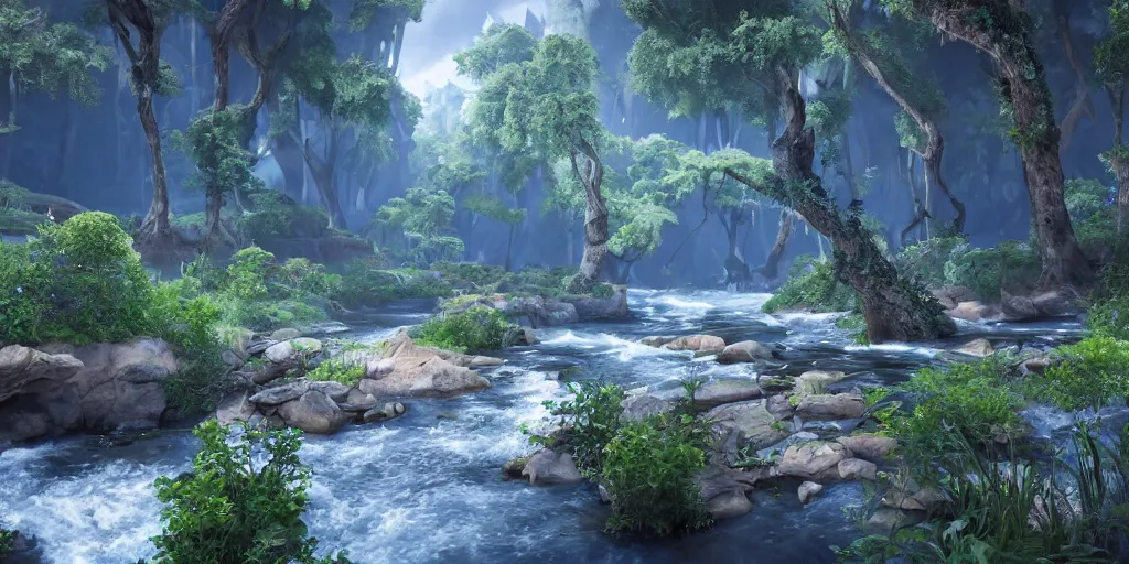 Image similar to beautiful and immersive magical town, magical buildings, bioluminescent forest surrounding, gentle rivers flowing through town, award - winning cinematography - cinematic lighting, dramatic lighting, stunning and beautiful view - unbelievably amazing - highly detailed, hyperrealistic, unreal engine 5, in the style of kingdom hearts and final fantasy