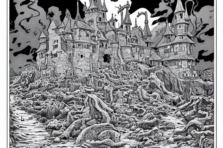 Image similar to an old castle on a seaside cliff by joe fenton and bernie wrightson and, mike allred, coloring book, line art, simple, low detail,