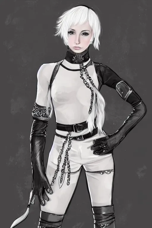Prompt: full portrait of a beautiful petite nordic teenager with platinum blonde hair wearing leather boots and gloves, illustration, trending on artstation, HD, 4k, 8k, intricate detail, character design