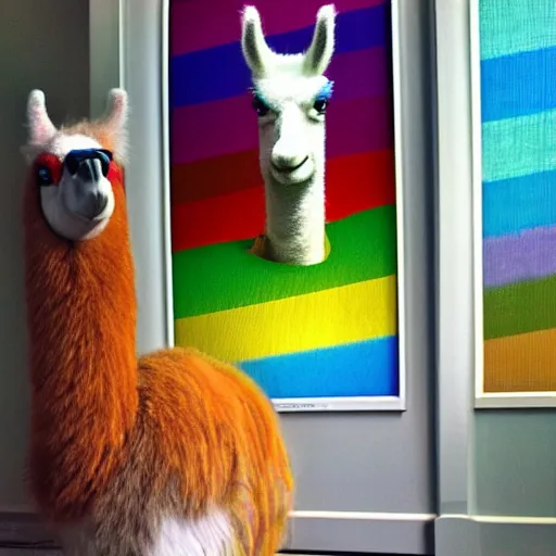 Prompt: rainbow llama watching tv