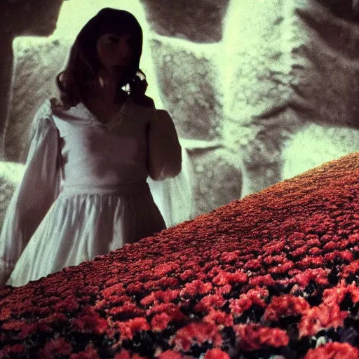 Prompt: movie still of the girl with the flowers head, cinematic composition, cinematic light, by edgar wright and david lynch, horror cinema