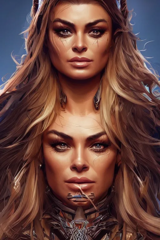 Image similar to symmetry!! portrait of carmen electra in the style of horizon zero dawn, machine face, intricate, elegant, highly detailed, digital painting, artstation, concept art, smooth, sharp focus, illustration, art by artgerm and greg rutkowski and alphonse mucha, 8 k