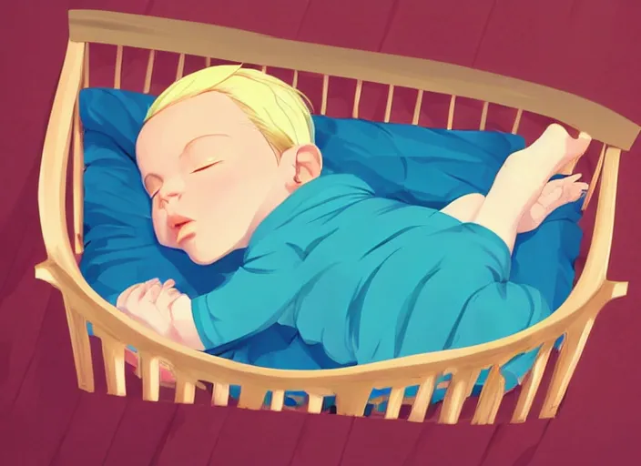 Image similar to a newborn baby with blonde hair sleeping in a crib. clean cel shaded vector art. shutterstock. behance hd by lois van baarle, artgerm, helen huang, by makoto shinkai and ilya kuvshinov, rossdraws, illustration, art by ilya kuvshinov