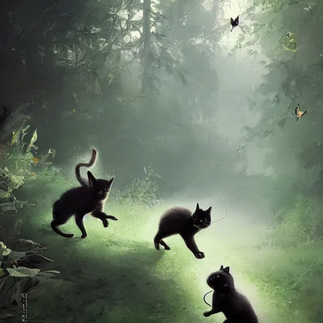 Image similar to a beautiful painting of a cute black kitten catching a mouse in a forest. disney character design by cory loftis, fenghua zhong, ryohei hase, ismail inceoglu and ruan jia. artstation, volumetric light, detailed, photorealistic, rendered in octane