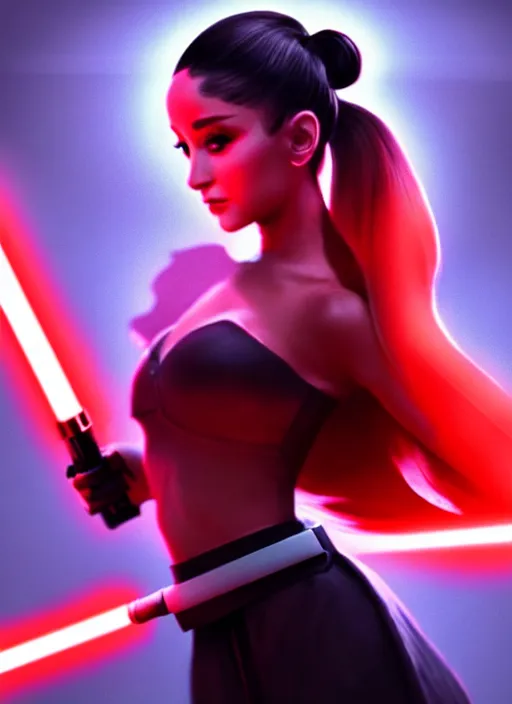 Prompt: Photo of Sith Ariana Grande with a red light saber, Star Wars concept art, trending on artstation, dramatic lighting, photo-realistic