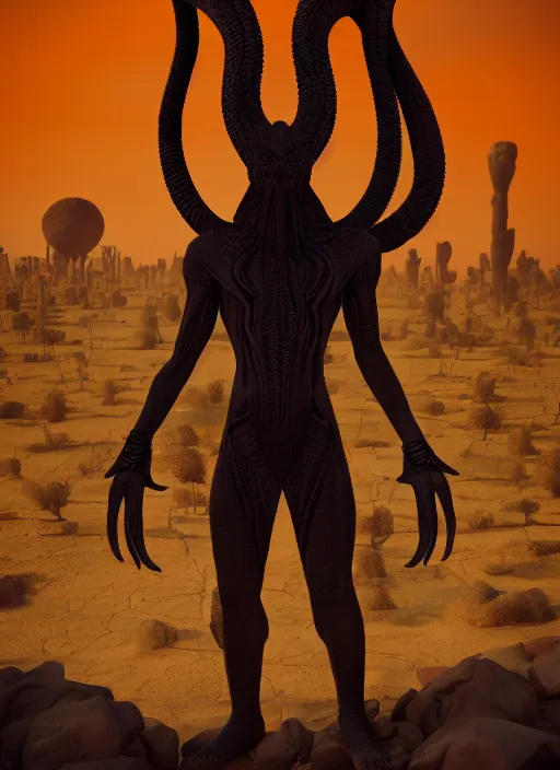 Prompt: nyarlothotep the black pharoh. tall, striking figure. standing in a desert of skulls. digital matte painting. rim light, beautiful lighting, 8 k, stunning scene, raytracing, octane, trending on artstation, lush colors.