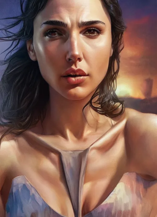 Image similar to full length photo of gal gadot in a tanktop in the style of stefan kostic, realistic, sharp focus, 8k high definition, insanely detailed, intricate, elegant, art by stanley lau and artgerm