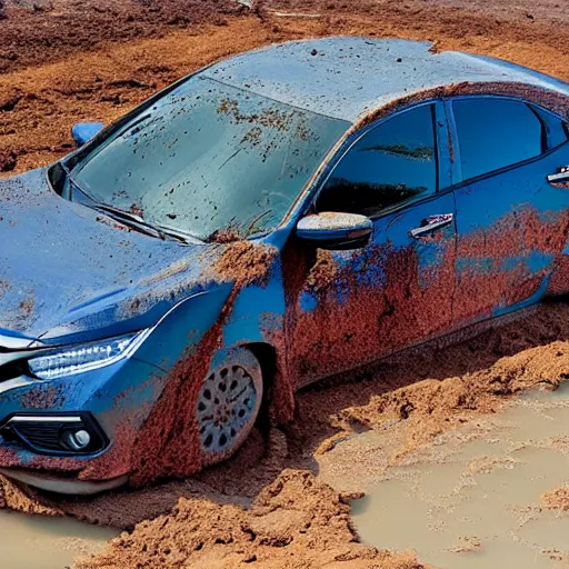 Prompt: a honda civic made out of mud