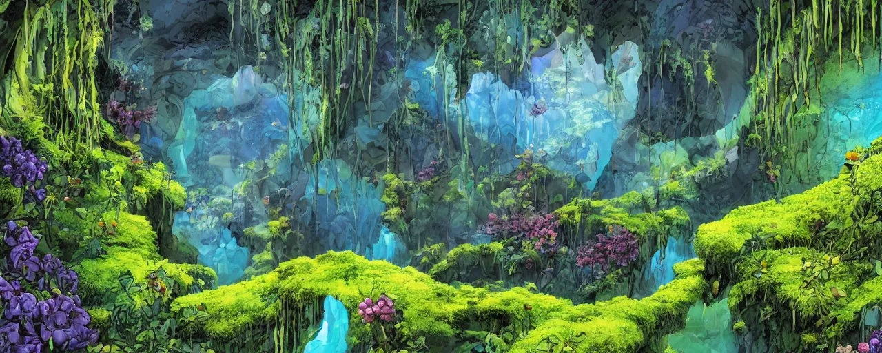 Prompt: large interior cavern of a cave, grand gallery, shimmering blue stream, walls covered with colourful flowers vines and mosses, some strange luminescent rocks poke through the foliage, depth of background, comic book,