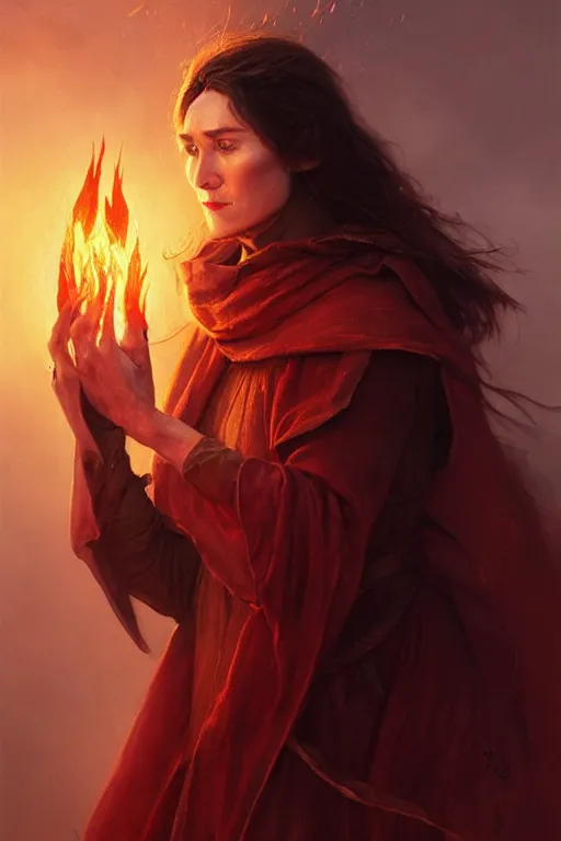 Prompt: carice van houten as a fire priest, only two hands, highly detailed, digital painting, artstation, concept art, smooth, sharp focus, illustration, unreal engine 5, 8 k, art by art by artgerm and greg rutkowski and edgar maxence