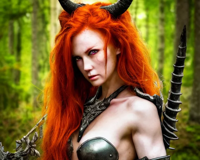 Prompt: 5 5 mm portrait photo of an armored redhead woman warrior, and horns growing from her head, in a magical forest. by luis royo. highly detailed 8 k. intricate. lifelike. soft light. nikon d 8 5 0. cinematic post - processing