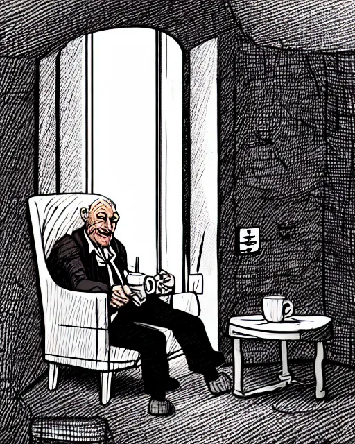 Image similar to old man sat eating cake and drinking a cup of tea in a large comfy chair in a padded cell, ultra realistic, concept art, intricate details, highly detailed