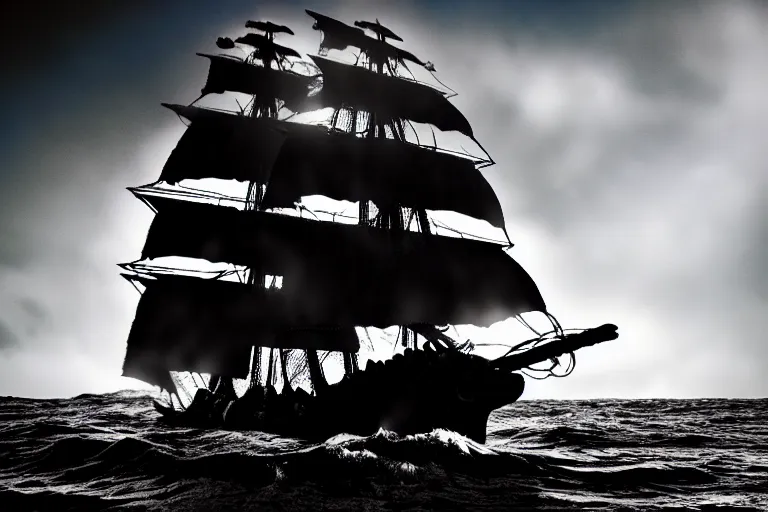 Image similar to the black pearl from pirates of the caribbean sailing across rough and cruel seas, volumetric lighting, f 8 aperture, cinematic eastman 5 3 8 4 film