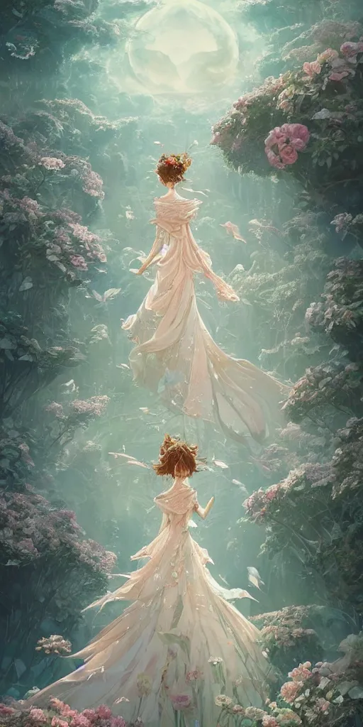 Image similar to the beautiful hyper detailed rose wedding dress in the fairyland surrounded by white clouds, in the style of makoto shinkai victo ngai and peter mohrbacher studio ghibli artgerm karol bak beeple, animation style, 8 k hd, dream, ultra wide angle, animation style, 3 drender, hyperdetailed