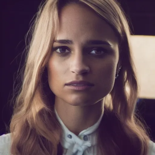 Prompt: alicia vikander, blonde hair, 5 0 mm film still the interview