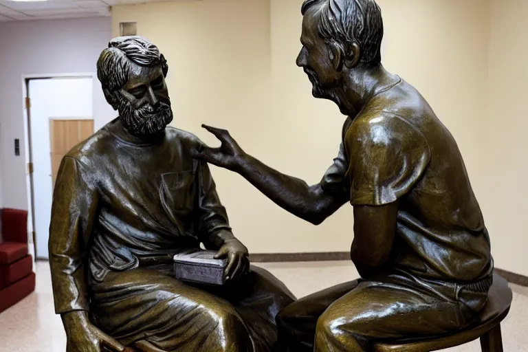 Image similar to a man who is sitting upright in a chair is touching a completed statue