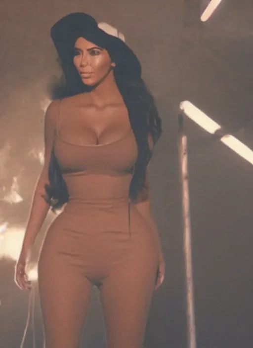 Image similar to film still of kim kardashian dressed as eazy e, derelict house, cinematic lighting, cinematic, rear pov,