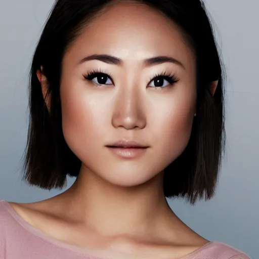 Prompt: beautiful portrait karen fukuhara bald neutral expression face straight on headshot even lighting