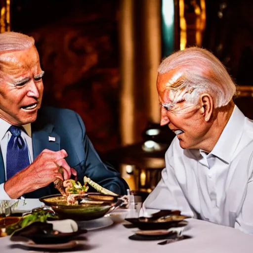 Image similar to Trump and Biden having dinner at a fancy Balinese restaurant, award winning photography, 85mm, perfect faces