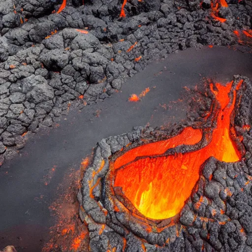 Prompt: candid photograph of a mythological dragon bathing in lava, active volcano, cryptid, unexplained phenomena, drone photography, 8k