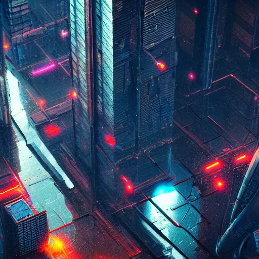 Image similar to 8 k artstation photograph rainy city cracked and crumbling into the ocean with scifi cyberpunk aesthetic hyper realistic aerial view