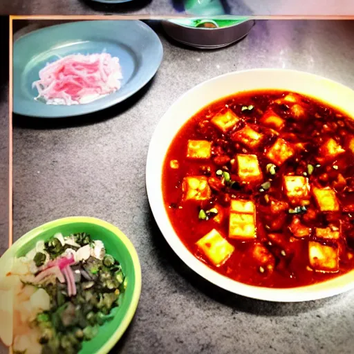 Prompt: mapo tofu, hyperpop aesthetics on the background, minimal, trap color scheme, as an Adventure's Time cartoon!!!, #foodselfie