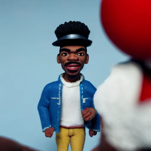 Image similar to a cinematic film still of a claymation stop motion film starring chance the rapper as a college student, shallow depth of field, 8 0 mm, f 1. 8