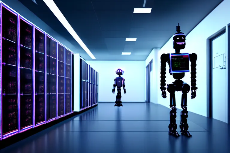 Image similar to full body robot with human mask on wheels, background data server room, neon and dark, illumination ray tracing hdr render in i am robot movie shot