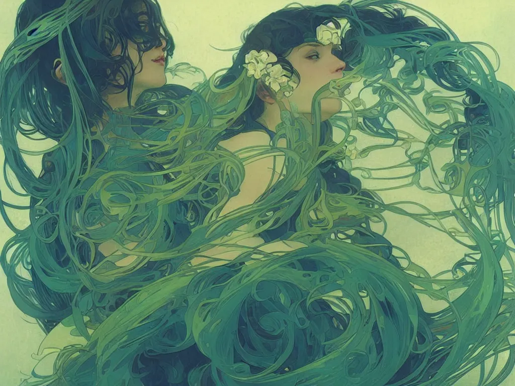 Prompt: blue and green waves, artstation, concept art, smooth, sharp focus, illustration, art by alphonse mucha and tian zi and WLOP
