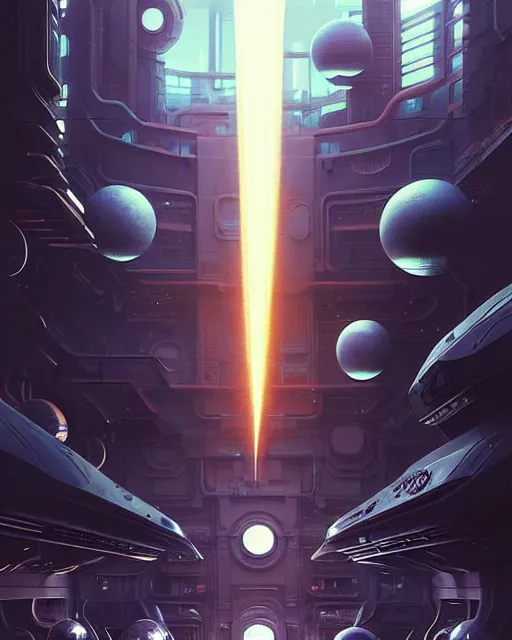 Prompt: Full shot of a spaceship defined factory features, intricate abstract. Fusion reactor spheres. cyberpunk, symmetrical design features. By Richard Corben By Ruan Jia and Artgerm and Range Murata and WLOP and Ross Tran and William-Adolphe Bouguereau and Beeple. Key Art. Fantasy Illustration. award winning, Artstation, intricate details, realistic, Hyperdetailed, 8k resolution.