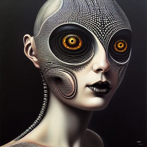 Image similar to ultra realist intricate painting of gothic female alien, curvy, black scales on face and cyborg tech, dystopian surrealism, symmetry accurate features, very intricate details, focus, high resolution, 4k, photo realistic, artstyle Alex Ries and Zdzisław Beksiński, award winning