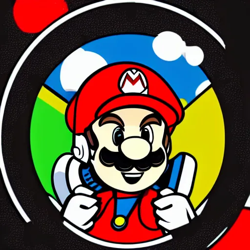 Image similar to svg sticker of a Pop-Wonder SuperMario, Mario-Wearing-a-red-hat, at a rave, spinning records, giant headphones rocking out, wearing headphones, huge speakers, dancing, rave, DJ, spinning records, digital art, amazing composition, rule-of-thirds, award-winning, trending on artstation, featured on deviantart