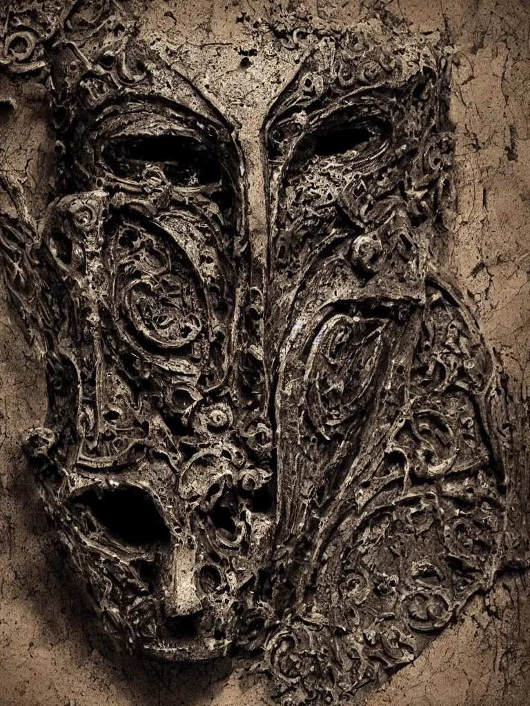 Image similar to extra wide view. an ominous dark ancient mask. barron. worn out photography. sepia. cracks. hyper - detailed. gothic steampunk. low poly medieval baroque. symmetric. epic. hyper - realistic. unreal render.