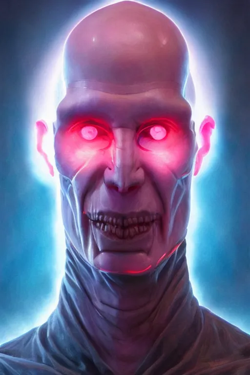 Image similar to cyborg Lord Voldemort without nose in cyberpunk, neon lighting, digital art from artstation by Ruan Jia and Mandy Jurgens and Artgerm and william-adolphe bouguereau and Greg Rutkowski and Wayne Barlowe